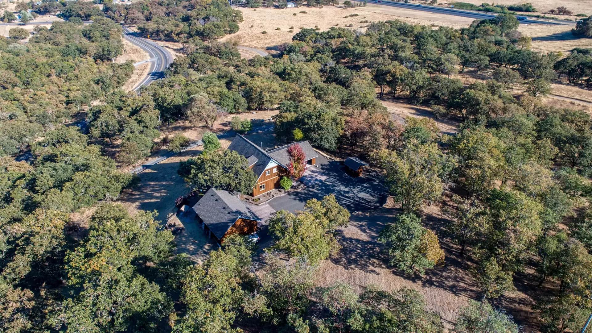 Aerial view of a house and driveway surrounded by mature trees