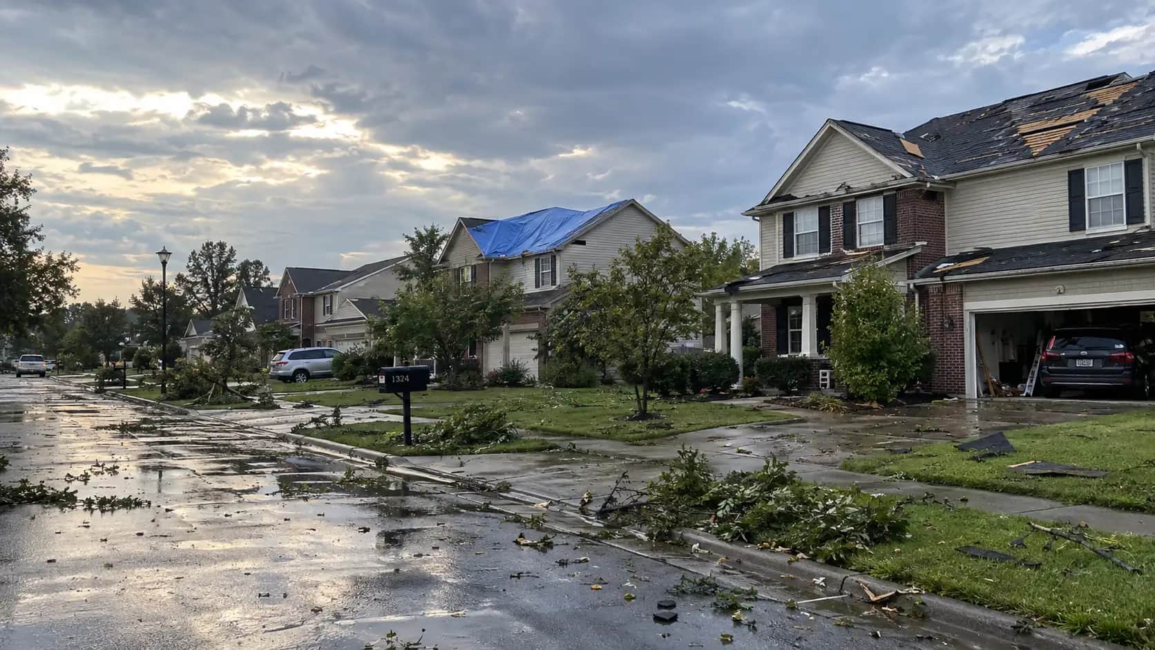 Houses with damaged roofs and blue tarps beside a wet, debris-covered street