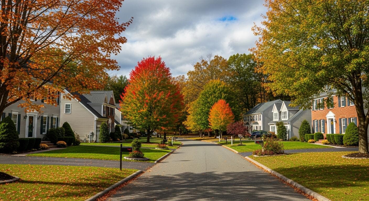 Residential street lined with houses and trees in autumn colors