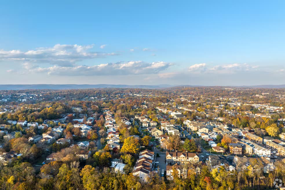 Aerial view of residential streets and houses among autumn trees