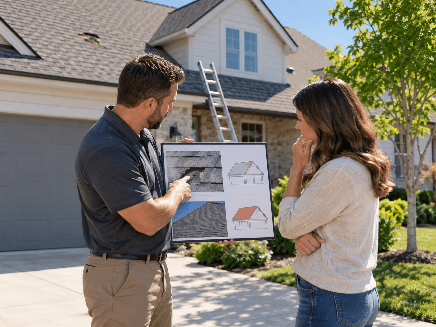 Contractor reviewing roof diagrams on a tablet with a homeowner