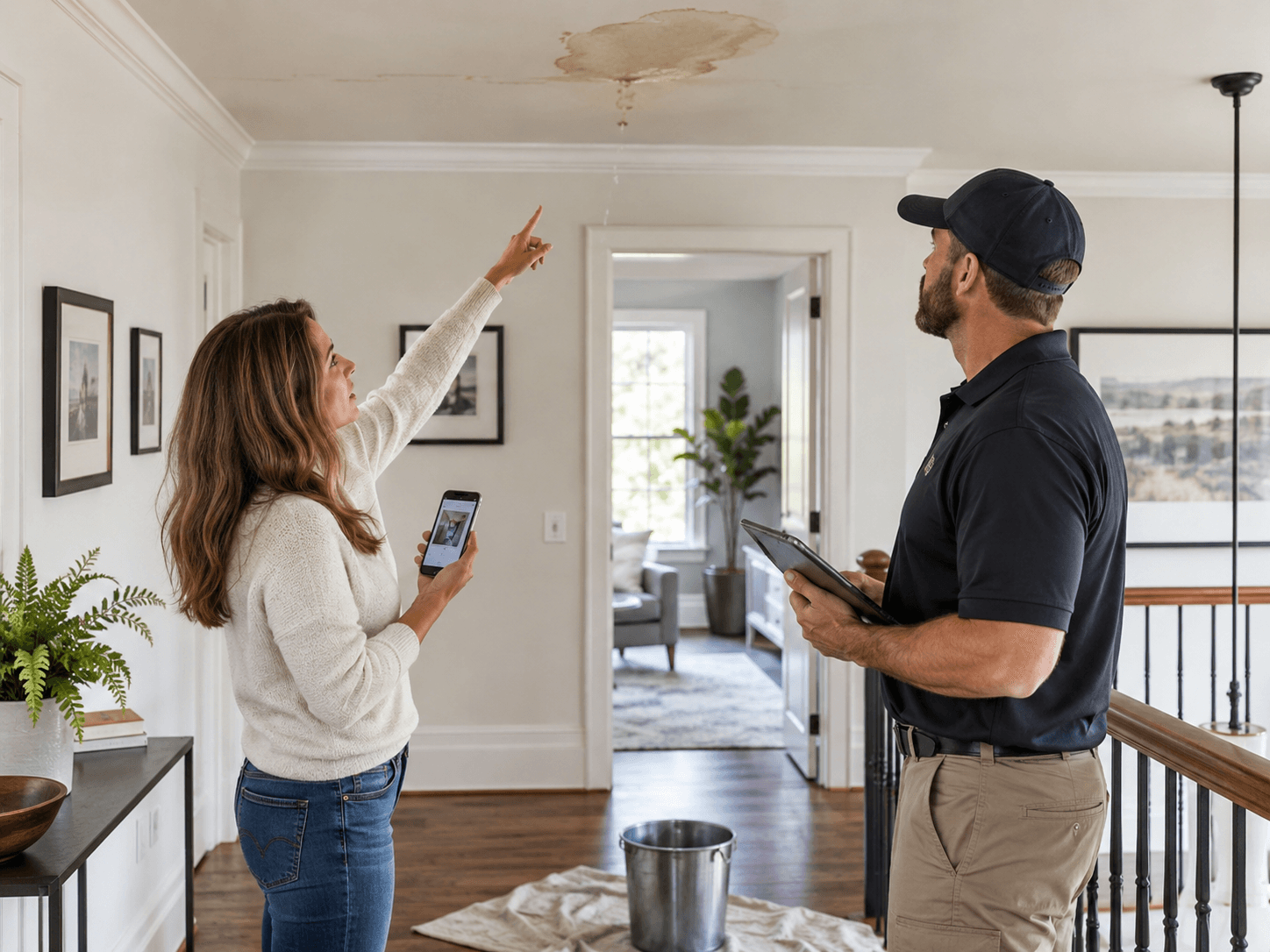 Homeowner pointing out a ceiling water stain to a contractor