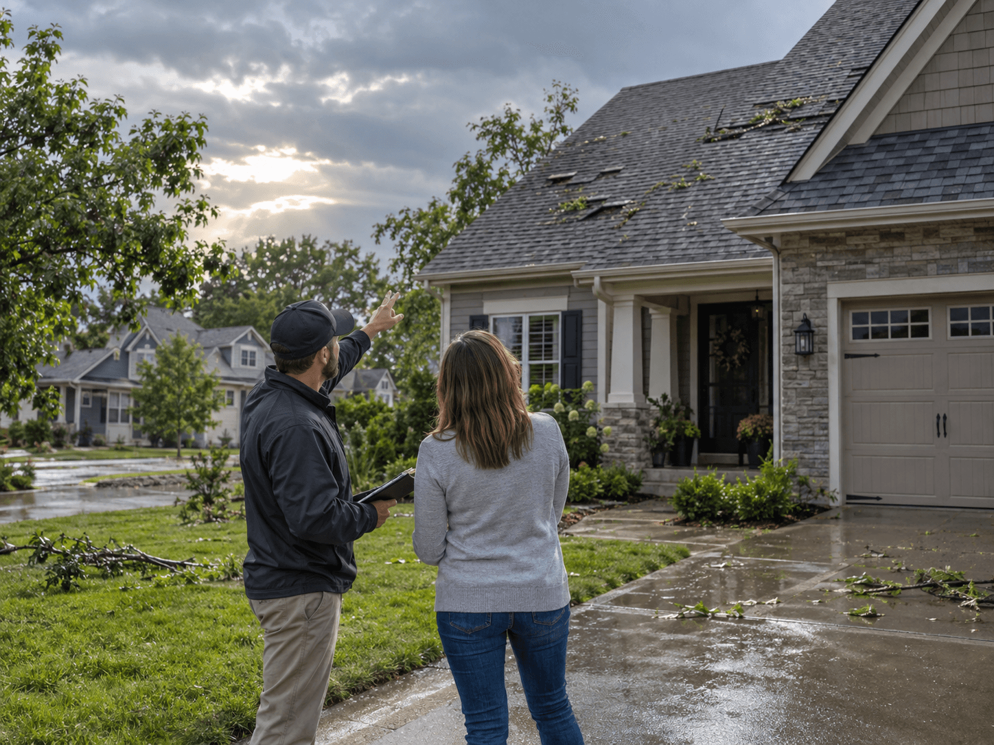 Contractor and homeowner looking at a house with damaged roof shingles