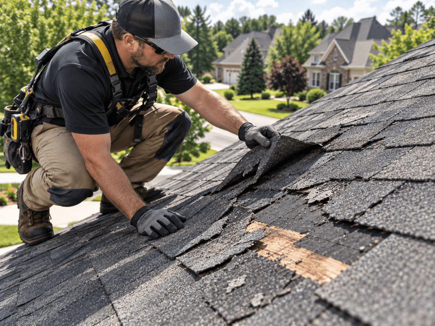 Roofer examining missing shingles and exposed wood decking