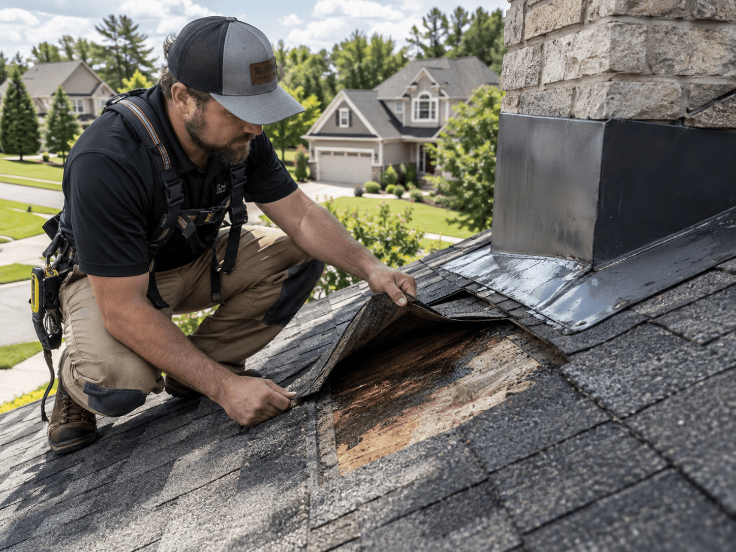 Roofer lifting damaged roofing beside chimney flashing