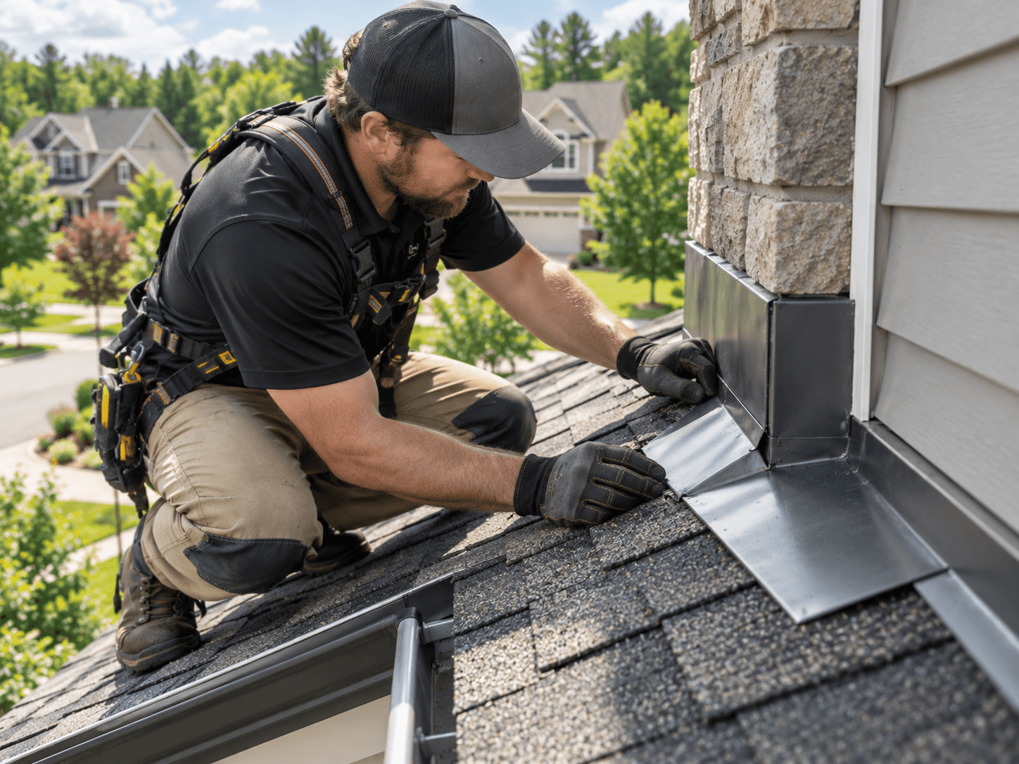 Roofer checking metal flashing where a shingle roof meets siding