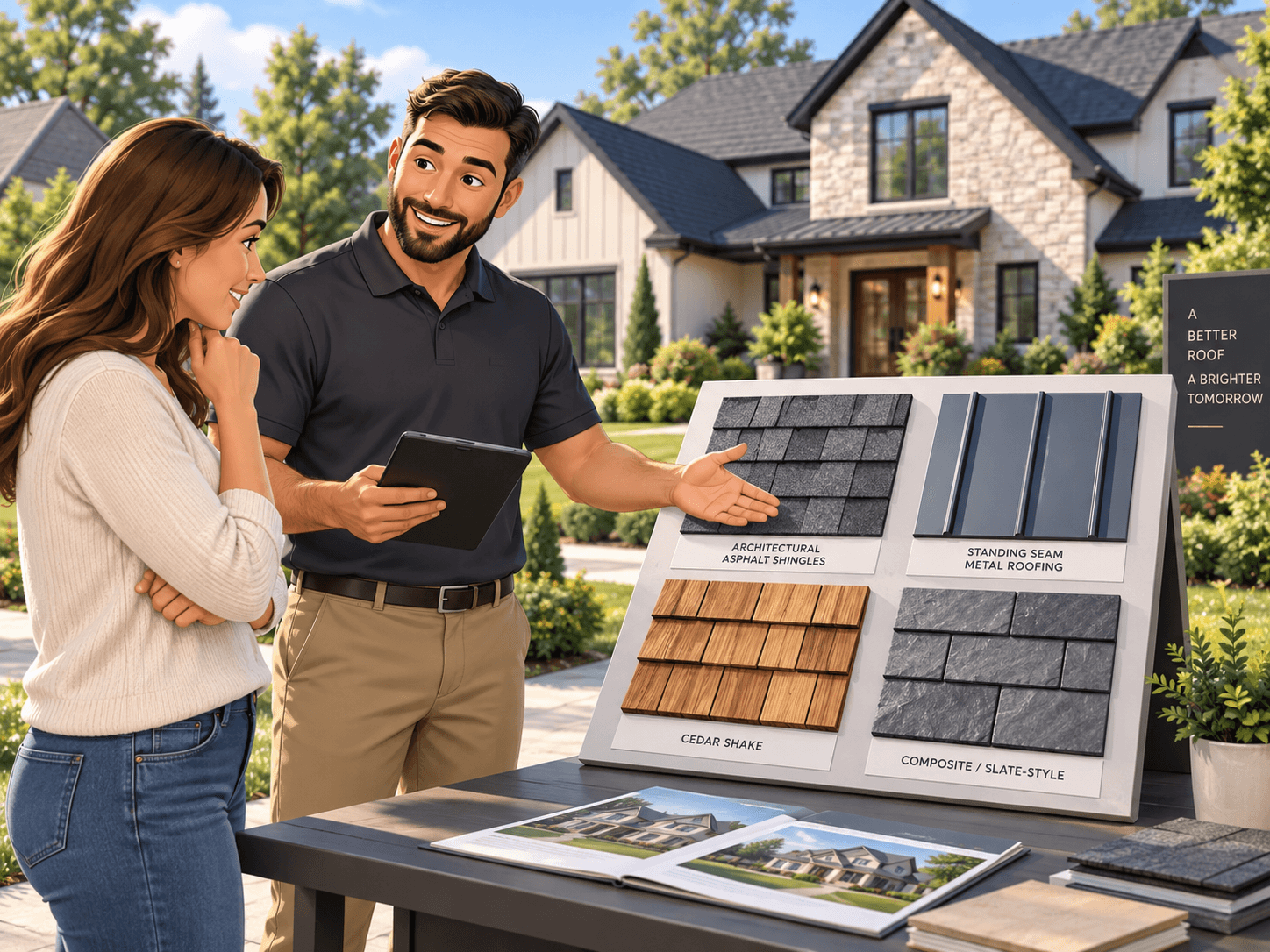 Contractor showing shingle color samples to a homeowner